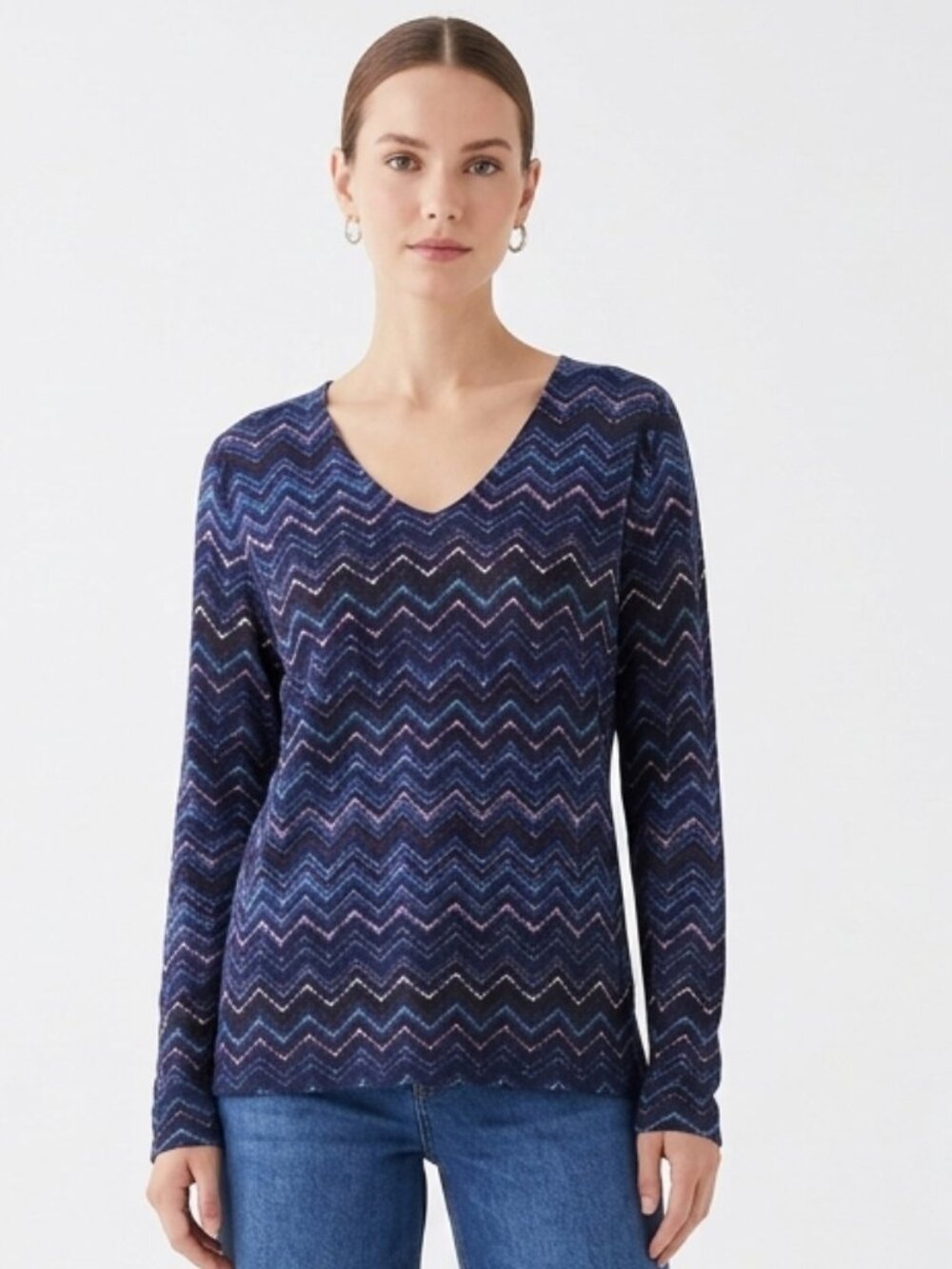 Talbots Sweater Pullover Blue Chevron Merino Wool Chevron Casual XL